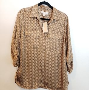 Michael Kors Gold and Tan Silk Blouse